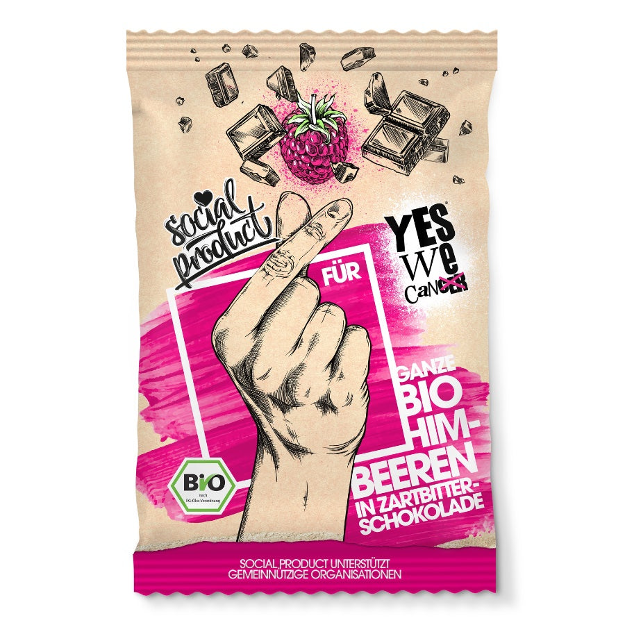 Bio Himbeeren in Zartbitterschokolade von social product – Verpackung von vorne
