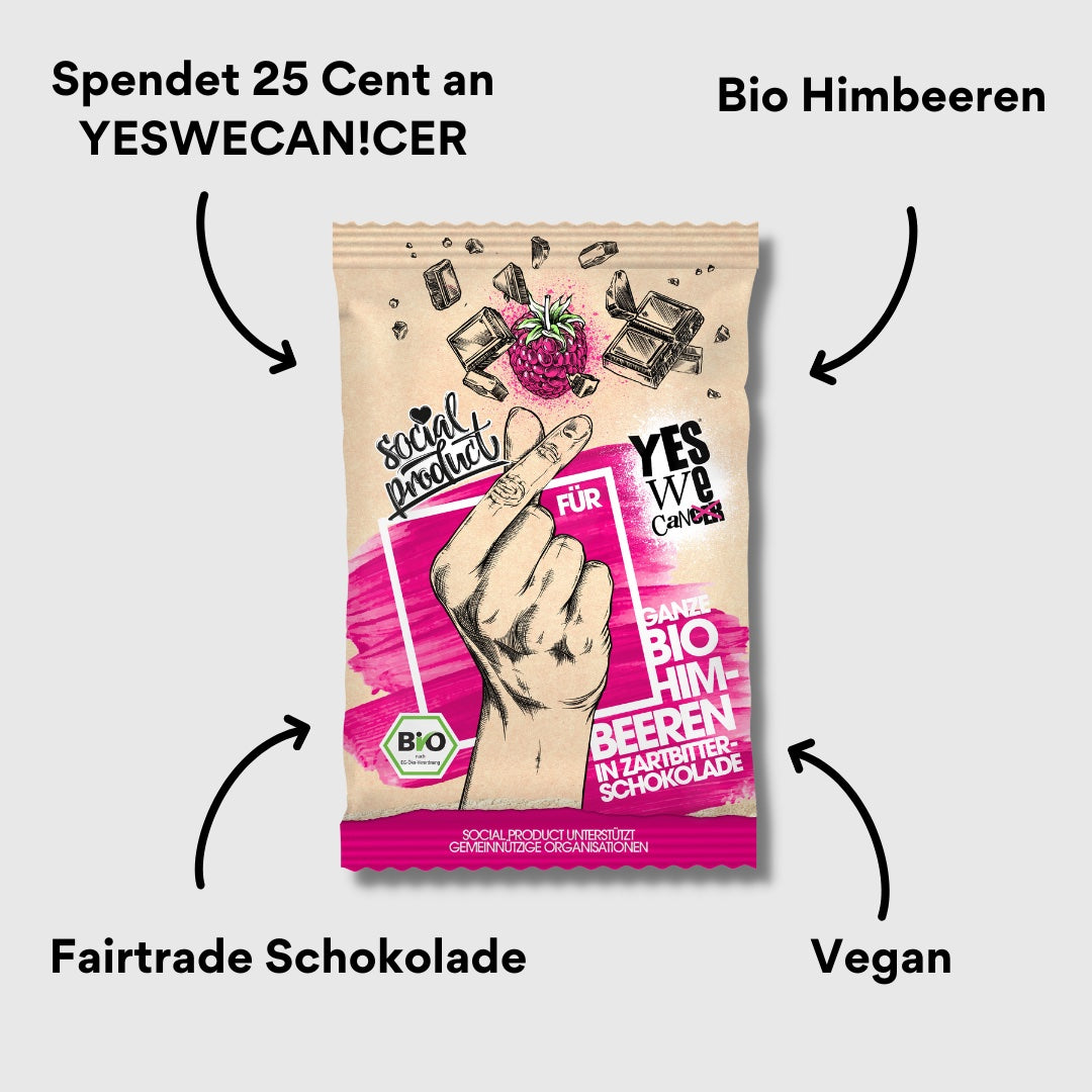 Bio Himbeeren in Zartbitterschokolade von social product – Verpackung von vorne mit Impact
