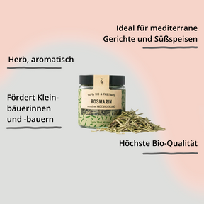 Rosmarin in Glasverpackung mit Gewürzhäufchen von vorne mit Impact