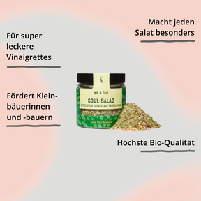 Soul Salad in Glasverpackung mit Gewürzhäufchen von vorne mit Impact
