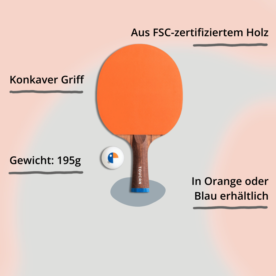 Toucan Tischtennisschläger in Orange mit Ball und Impact