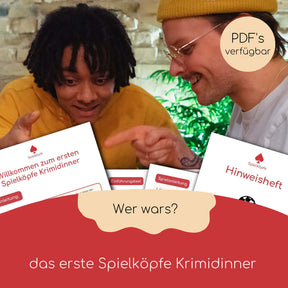 Zwei Personen interagieren begeistert mit dem Spiel 'Spielköpfe Krimidinner' und halten dazugehörige Unterlagen.