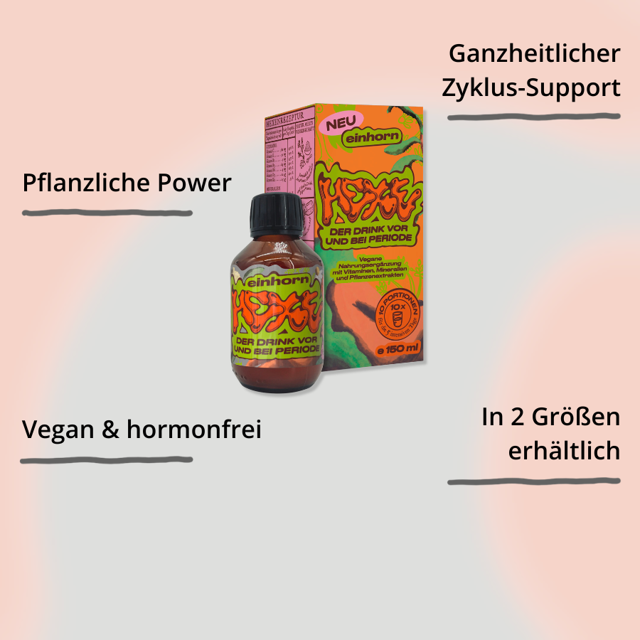 Hexe Periodendrink von einhorn – 150ml Flasche mit Verpackung und Impact