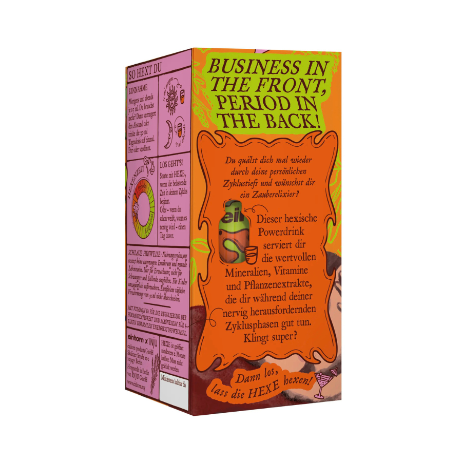 Hexe Periodendrink von einhorn – 150ml Flasche, Verpackung von hinten