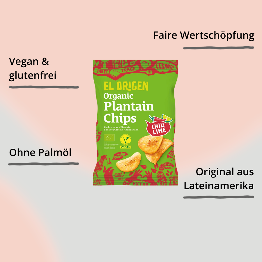 Bio Kochbananen Chips mit Chili & Lime von el origen – Verpackung von vorne it Impact