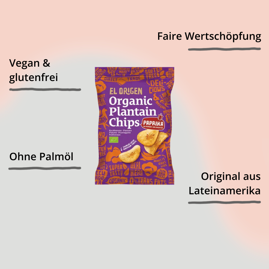 El origen Kochbananen Chips mit Paprika Verpackung mit Impact