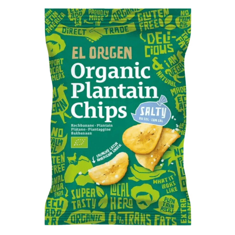 El origen Kochbananen Chips mit Meersalt Verpackung