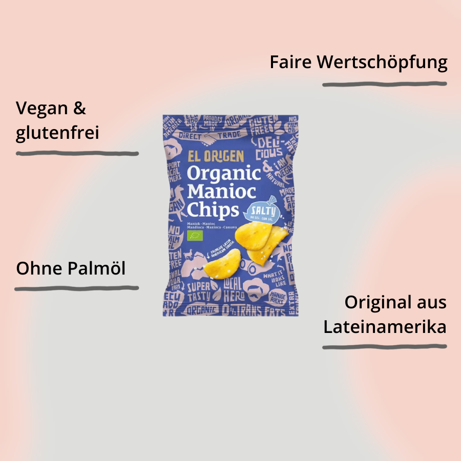 El origen Maniok Chips mit Meersalz Verpackung mit Impact