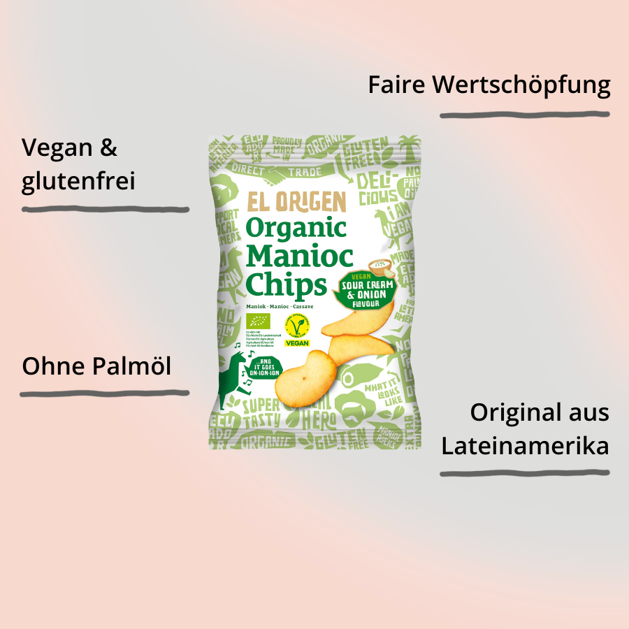 el origen Maniokchips Sour Cream & Onion Verpackung mit Impact