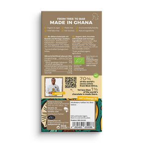 Fairafric Zartbitterschokolade (57%) mit Baobab und Moringa – Verpackung von hinten