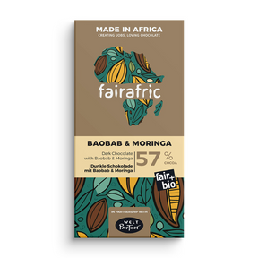 Fairafric Zartbitterschokolade (57%) mit Baobab und Moringa – Verpackung von vorne
