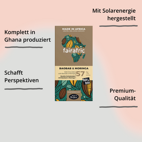 Fairafric Zartbitterschokolade (57%) mit Baobab und Moringa – Verpackung von vorne mit Impact