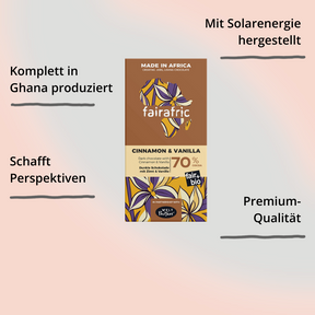 fairafric Zartbitterschokolade Zimt Vanille – Verpackung von vorne mit Impact