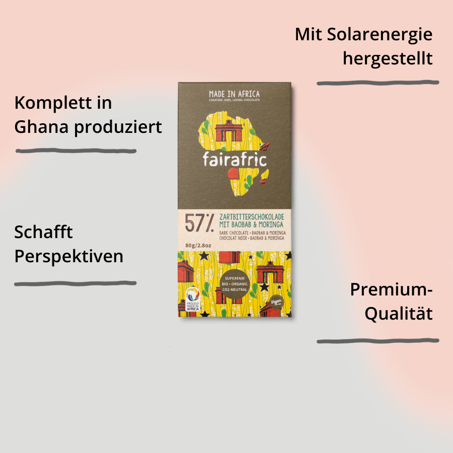 Fairafric Zartbitterschokolade (57%) mit Baobab und Moringa mit Impact