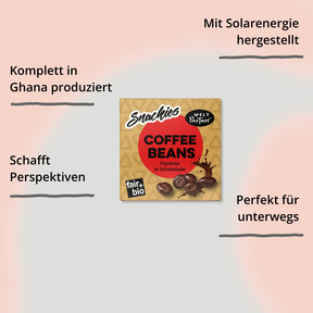 Coffee Beans – Espresso in Schokolade von fairafric. Verpackung von vorne mit Impact