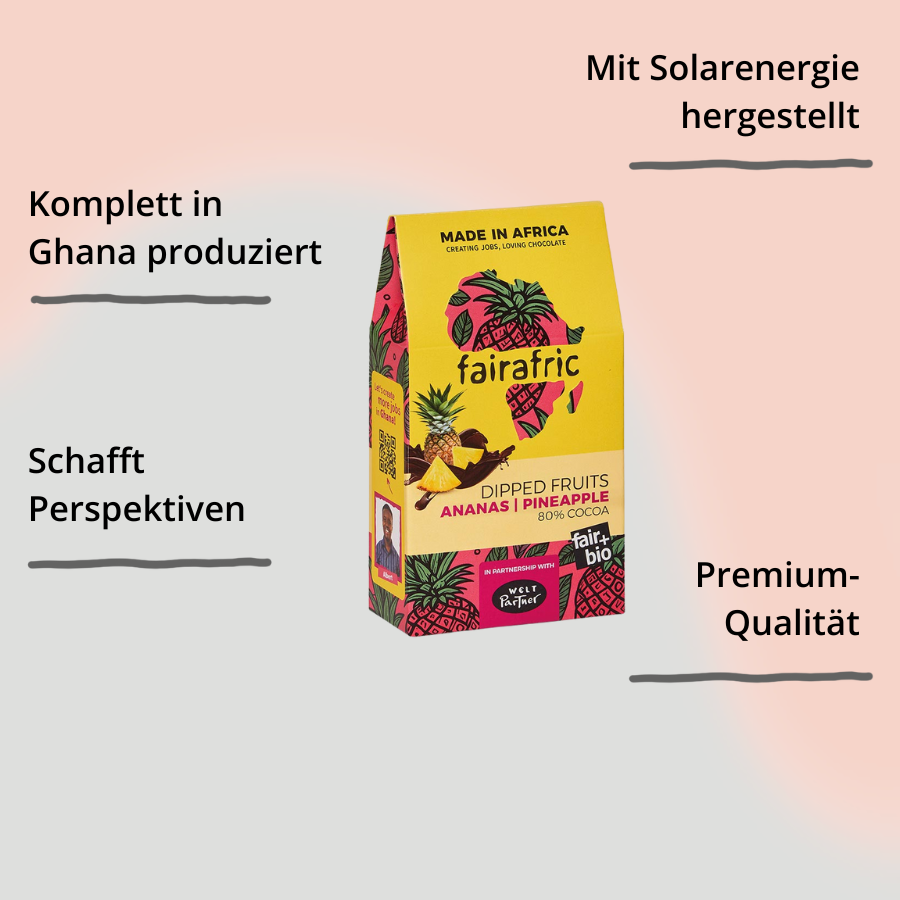 Dipped Fruits Ananas von fairafric – Verpackung von vorne mit Impact