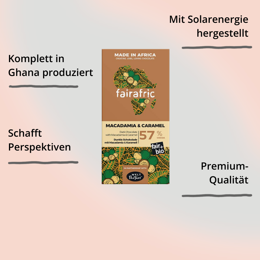 Zartbitter-Schokolade Macadamia & Karamell (57%) von fairafric mit Impact