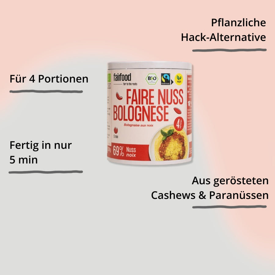 Faire Nuss-Bolognese von fairfood Verpackung mit Impact