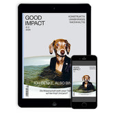 Cover of 'Good Impact' #12, featuring a dog in a suit, highlighting animal treatment and science.