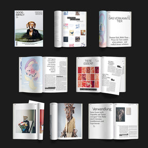 Collage of magazine pages featuring articles about animal rights and perceptions, focusing on science and ethics.