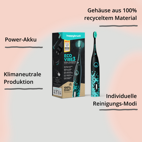 Schallzahnbürste happybrush StarterKit Eco VIBE 3 Schwarz, Verpackung und Zahnbürste mit Impact