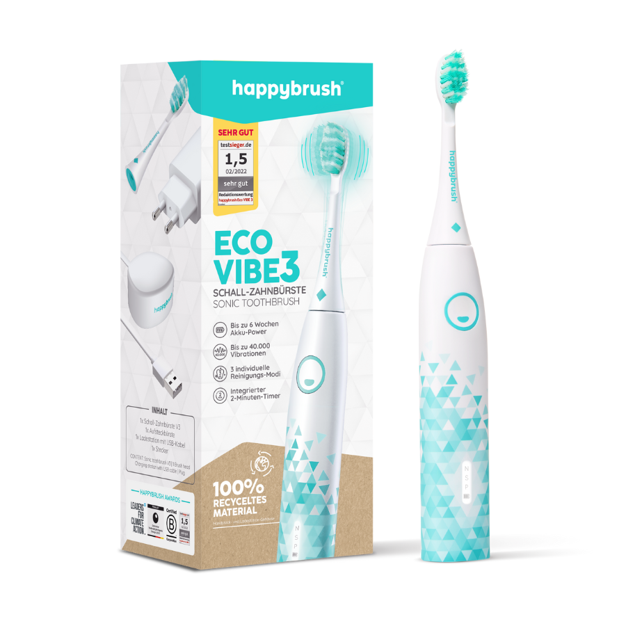 Schallzahnbürste happybrush StarterKit Eco VIBE 3 Weiß, Verpackung und Zahnbürste