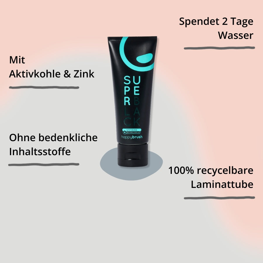 happybrush SuperBlack Zahnpasta mit Impact