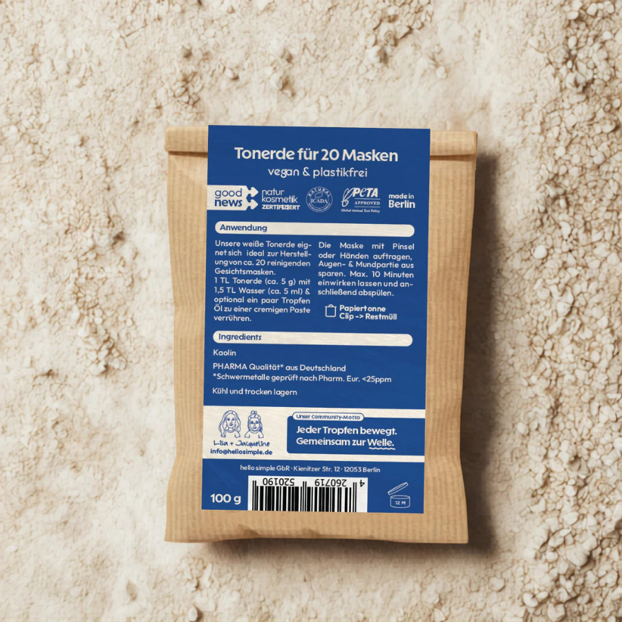 Gesichtsmaske – weiße Tonerde von hello simple – Verpackung von hinten