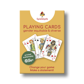 Gender-equitable and diverse playing cards featuring modern K-Q designs, promoting equality in games.
