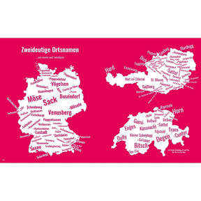 Map of humorous and double-meaning town names in Germany, featuring playful location labels.