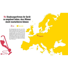 Illustration showing Europe with highlighted areas discussing vacuum cleaner modifications and male masturbation.