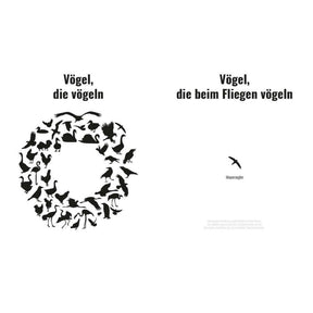 Cover of the card set 'Vögel, die vögeln' featuring various bird silhouettes and playful text.