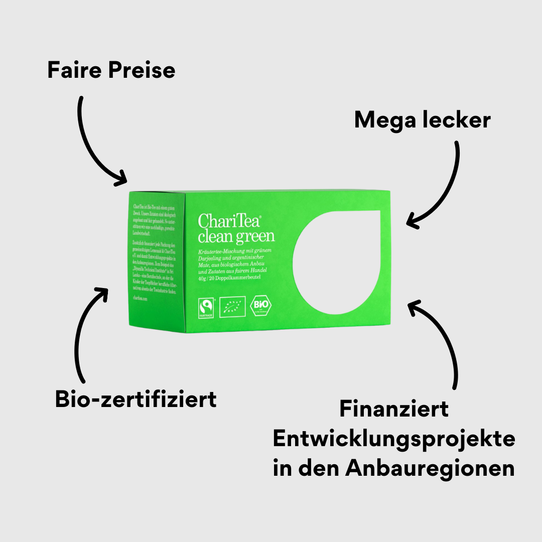 ChariTea Clean Green Doppelkamerbeutel Verpackung mit Impact