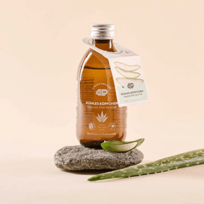 Kühles Köpfchen Fläschchen steht neben einem Stein, davor liegt ein Aloe Vera Blatt