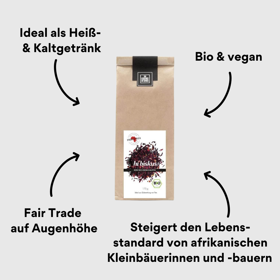 Hibiskusblüten-Tee von the essence of africa, in der Verpackung mit Impact
