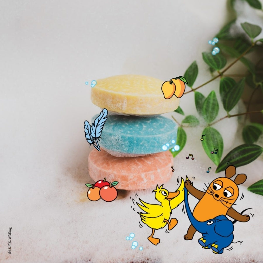 Hydrophil festes Shampoo und Dusche für Kids mit der Maus, der Ente und dem Elefanten und den jeweiligen Seifenstücken