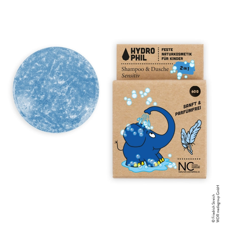 Hydrophil festes Shampoo und Dusche für Kids mit dem Elefant, Seife und Verpackung