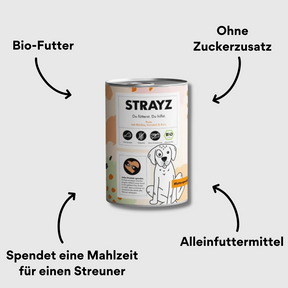 Strayz Nassfutter für Hunde (Pute, Kürbis, Fenchel & Reis) Dose von vorne mit Impact