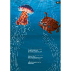 Illustration of a submarine exploring the deep sea, surrounded by jellyfish in vibrant colors.