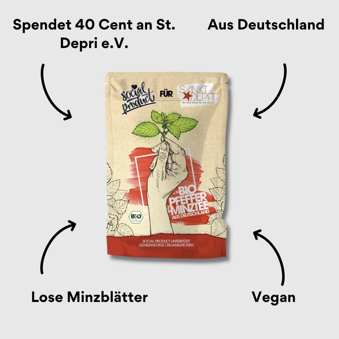 social product Pfefferminztee Verpackung von vorne mit Impact