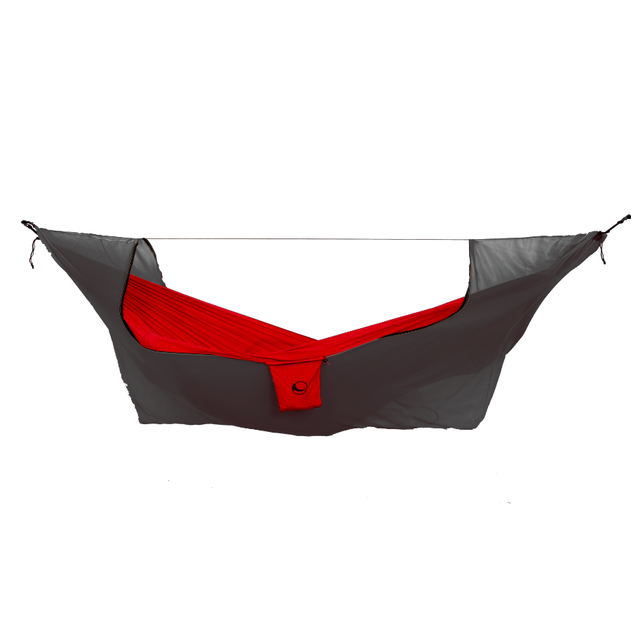 Moskitonetz Black, geöffnet, mit roter Hängematte